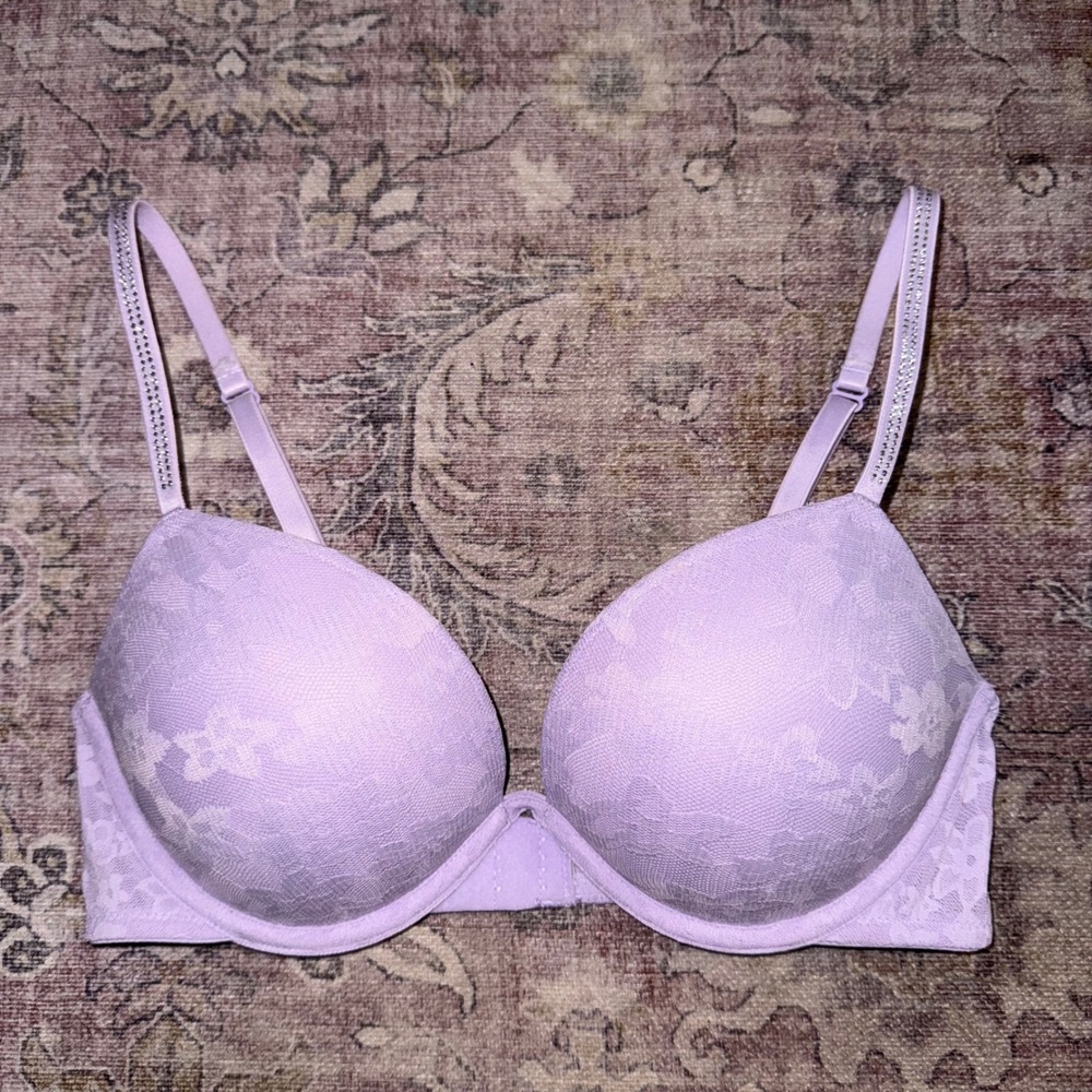 Victorias Secret PINK Purple Floral Lace Rhinestone Strap Push Up Bra Size 34B